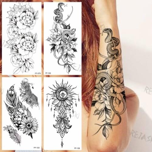 Snake Flower Temporary Tattoos For Women Realistic Dahlia Feather Pendant Sun Flower Fake Tattoo Sticker Sexy Arm Tatoos Serpent
