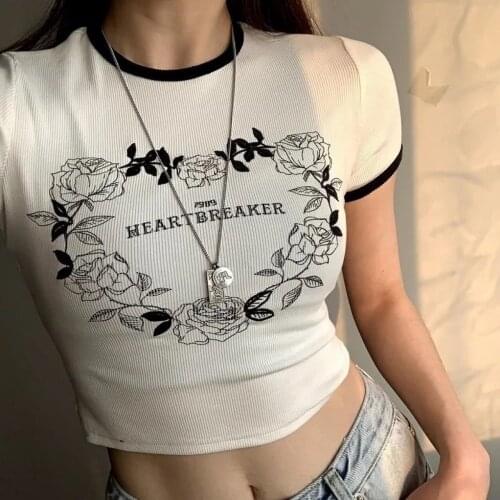 Womens Tight T-shirt 2021 Summer New Fashion Crop Tops, Adults Flower and Letter Print Short Sleeve Round Neck T-shirt