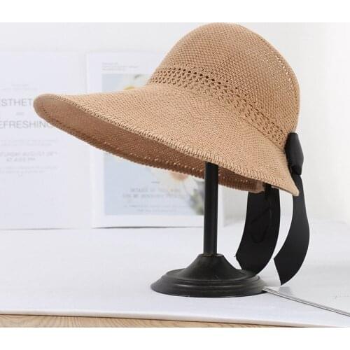 New Fashion Bowknot Summer Shading Women Beach Hat Collapsible Wide Brim Sun Protection Empty Top Hat Sun Visor Cap