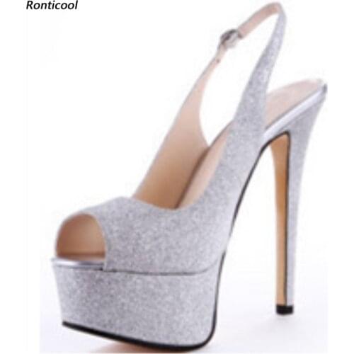 Ronticool 2021 Handmade Women Platform Sandals Slingback Stiletto High Heels Peep Toe Gorgeous Silver Wedding Shoes US Size 5-20