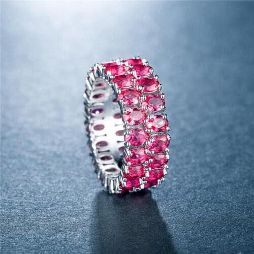 Luxury White/Green/Red Color Full Inlay Cubic Zirconia Unique Shaped Ring for Women Wedding Engagement Double Row Jewelry