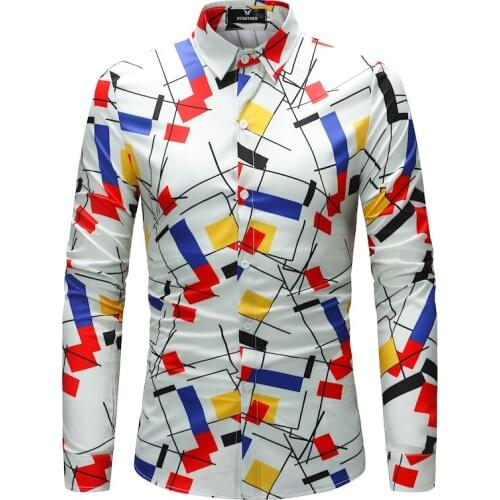 2020 New Casual Shirt Mens Brand Slim Mens Camisa Geometric Pattern Print Long-Sleeved Social Shirt Mens Brand Clothing M-4XL