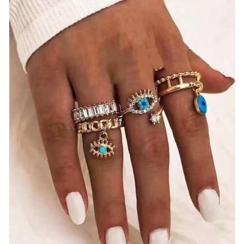 Boho Vintage Turkey Blue Eyes Rings for Women Fashion Anillos Men CZ Dangle Anel Evil Eye Ring Set Girl Punk Jewelry Amulet Gift
