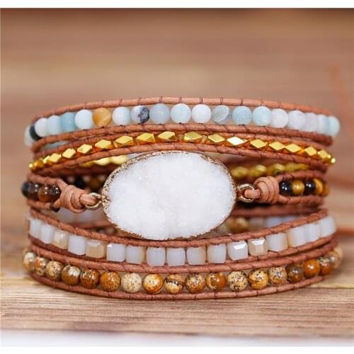 Handmade Natural Stone Beaded Leather Wrap Bracelet 5 Rows Bohemia White Druzy Bracelet Gemstones Cuff Bracelet Dropshipping