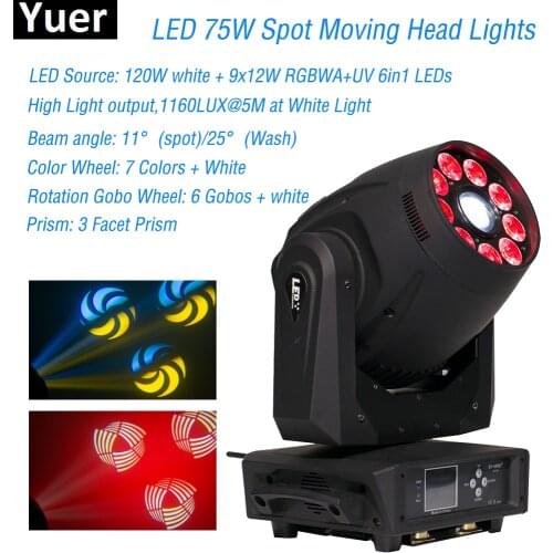 75w Moving Head Spot + 9x12w RGBWA+UV 6IN1 LEDs Moving Head Light DMX512 Wedding Party Disco KTV Bar Club DJ Stage Equipment
