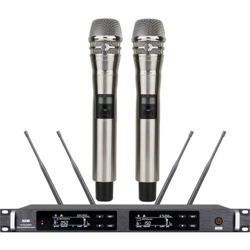 Hot UR24D UHF True Diversity Dual KSM8 Handheld Silver Wireless Karaoke Microphone System 300 Frequency Selestable Long Range