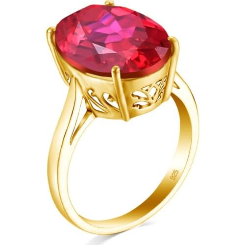 Szjinao 14K Gold Color Women Rings Luxury Real 925 Sterling Silver Ring Ruby Gemstones Oval Shape 4 Prong Setting Fine Jewellery