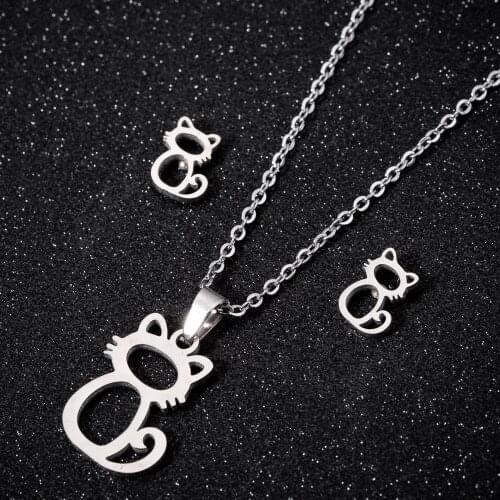 Cute Cat Jewelry Set Stainless Steel Irregular Heart Heartbeat Pendant necklace and earring set for Women Animal Birthday Gift