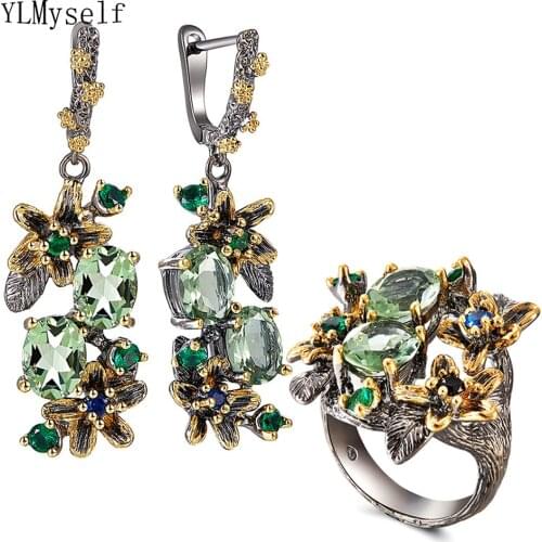 Beautiful Lt Green Crystal Earrings Ring Jewellery Flower Design Multi Zircon Brass Metal 2pcs Jewelry Sets For Mom Gifts