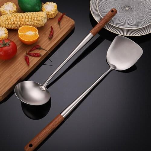 304 Stainless Steel Long Wooden Handle Pot Shovel Scoop Kitchen Anti-Ironing Household Cooking Pancake Turner