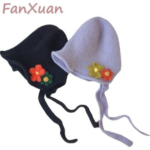 Kids Bomber Hat Handmade Autumn Winter Bonnet for Children Princess Girl Baby Knitted Hat Cute Flower Decoration String Laciness