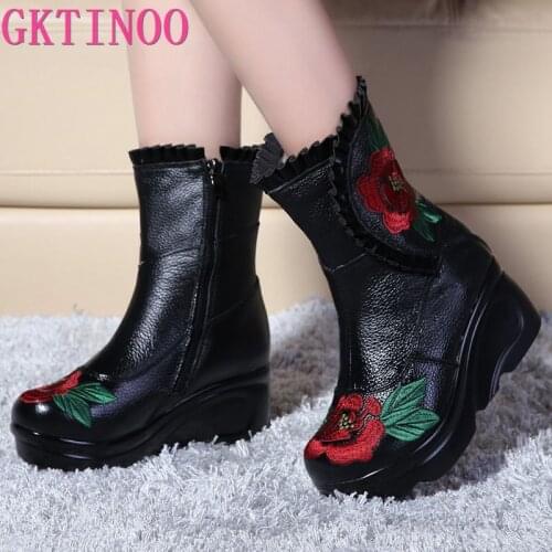 GKTINOO Embroidered Fashion Women Winter Genuine Leather Boots Handmade Vintage Slip-resistant Boots Wedges Shoes Woman