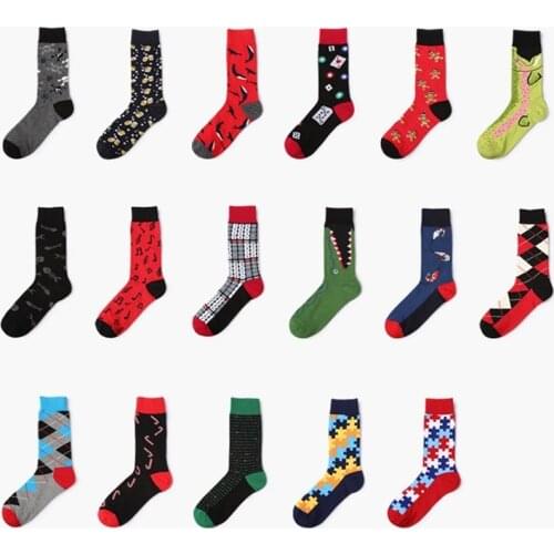Men Socks Male Cartoon Shark Crocodile Duck Shrimp Poker Puzzle Funny Happy Korean Street Harajuku Hip Hop Cotton Socks Autumn