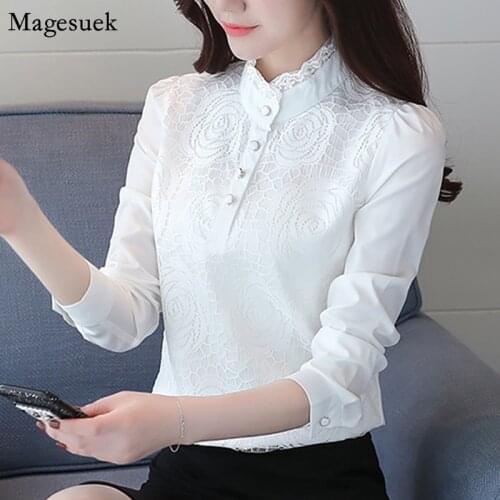 New Spring Summer Solid Lace Chiffon Blouse Women Stand Collar Office Ladies Tops Shirts Plus Size White Blouse Blouses 5814