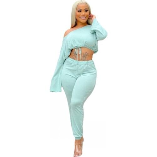 New Summer 2021 Europe The United States Fashion Sexy Pure Color Long Sleeve T Shirt Loose Waist Pants City Casual Womens Suit