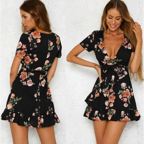Sexy Women Boho Floral Party Dress Ladies Short Sleeve V-Neck Dress Lady Casual Beach Mini Dress
