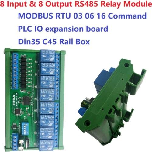 DC 12V 24V 8 Isolated Input & 8 Output DIN35 C45 Rail Box UART RS485 Relay Module Modbus RTU Control Switch Board