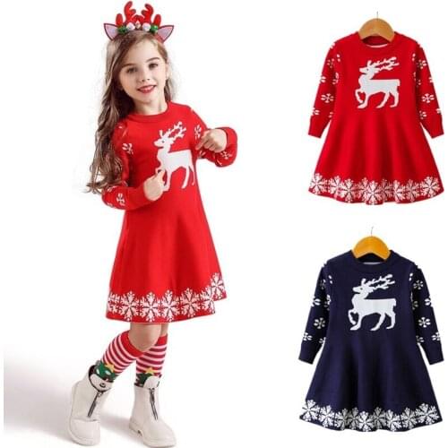 Christmas Reindeer Girls Dress Snowflake Print Red New Year Clothes Winter Cotton Long Sleeves Casual Wear Childrens Clothing