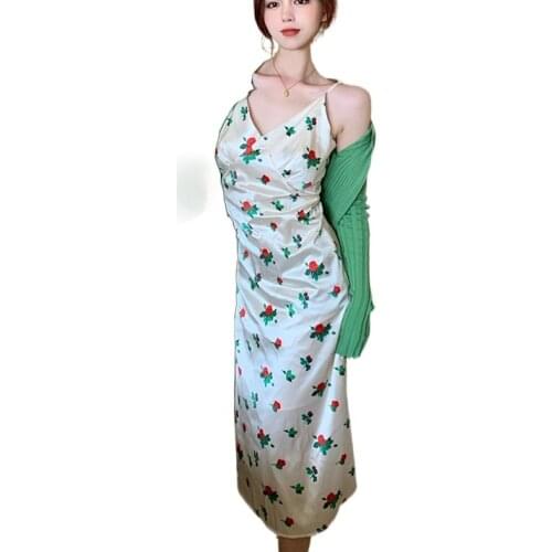 Rose strap dresses women sleeveless floral satin dress women dresses for women party