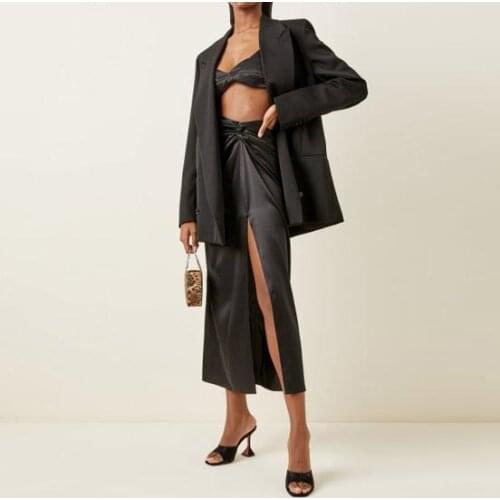 Leg Slit Silk Blend Midi Skirt Solid Color Satin Skirts Chic High Side Silt Skirt High Street Modern Skirt Midi-Long Skirt