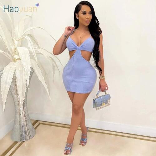 HAOYUAN Knitted Spaghetti Strap Bodycon Mini Dress Hollow Out Birthday Club Party Outfits for Women Sexy Ladies Evening Dresses