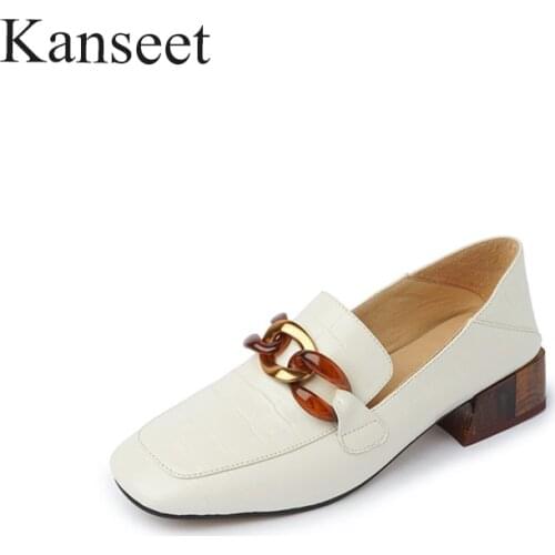 Kanseet Mid Heels Women Pumps Genuine Leather Thick Heels Loafers Shoes Cow Leather Square Toe Shoes Ladies 2021 Spring Autumn
