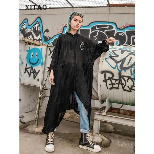 [XITAO] Women 2019 Summer New Korea Fashion Stand Collar Half Sleeve Loose Long Shirt Female Diamond Pocket Casual Blouse XJ1468