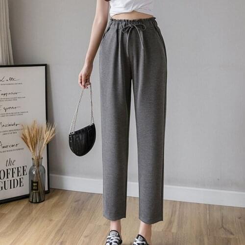 2020 Autumn Korean Women Pants Lace-up Casual Pants Womens Casual Harem Pants Pockets Spliced Solid High Flat Black Pants 0838