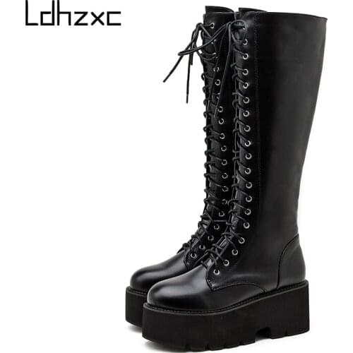 LDHZXC 2020 Platform Heels Pu Leather Knee High Boots Women Retro Punk Long Boots Woman Lace Up Booties Mujer New Fall