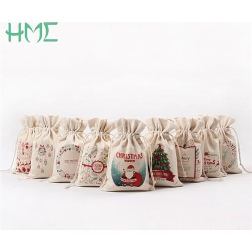 16*23.5cm 1Pcs Cotton Canvas Small Xmas Gift Bags Many Christmas Pattern Bags Kids Party Candy Drawstring Pouch Party Supplies