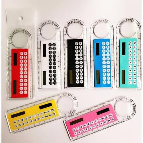 1pcs 10cm Mini Ultra-thin Straight Ruler with Solar Calculator Magnifier Multifunction Calculator School Office Supplies