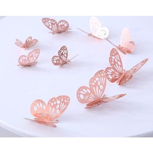 12 Pcs/Set 3D Wall Sticker Butterfly 3 Sizes Rose Gold Sticker Refrigerator Sticker Room Wedding Party Birthday DIY Decoration
