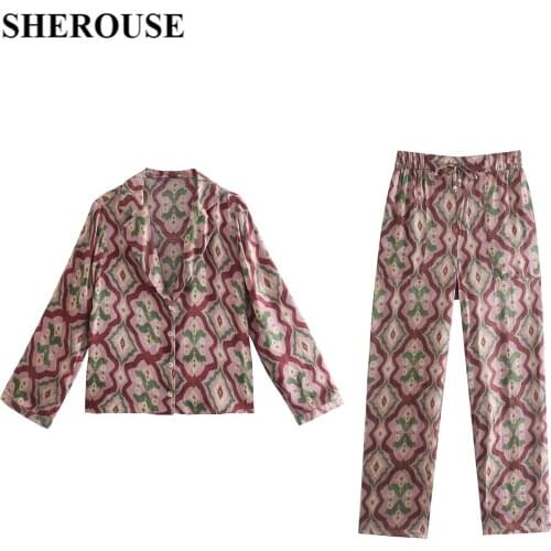 2021 Women Two Piece Set Fashion Long Sleeves Printed Shirt Vintage Wide Leg Trousers Summer Woman Outfit Pants Sets Suits