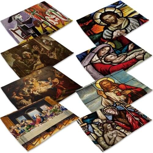Abstract Oil Painting Table Mat Self-portrait Jesus Pattern Linen Placemat Kitchen Dining Table Mats Coffee Tea Pads