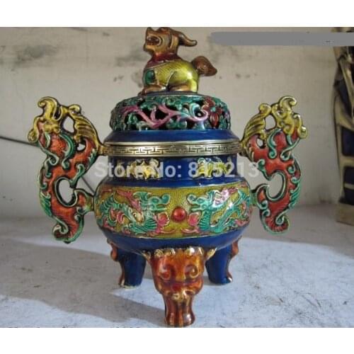 Bi00952 Chinese Copper Bronze Painted Dragon Phoenix Foo Dog Lion Censer incense burner