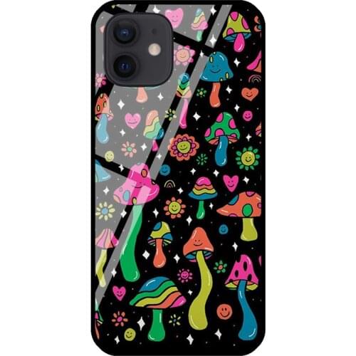 Rainbow Mushrooms Tempered Glass Case For iPhone 11 12 Pro MAX XS XR X 7 8 Plus SE Phone Back Cover Shell