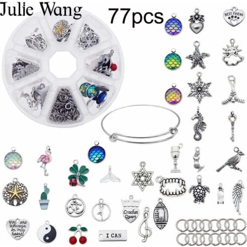 Julie Wang 77PCS/Box Multi-Style Alloy Charms Jump Rings Handmade Accessory Set Bracelet Jewelry Making Kits for Beginners
