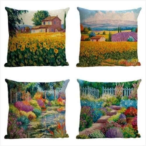 Oil Painting pillow cover, creative cartoon Landscape Sunflower Lavender Oil Painting fox throw pillow case pillowcase wholesale