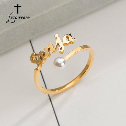 Letdiffery Custom Imitation pearl Name Ring Personalized Stainless Steel Women Wedding Rings unique Engagement Gifts for lovers