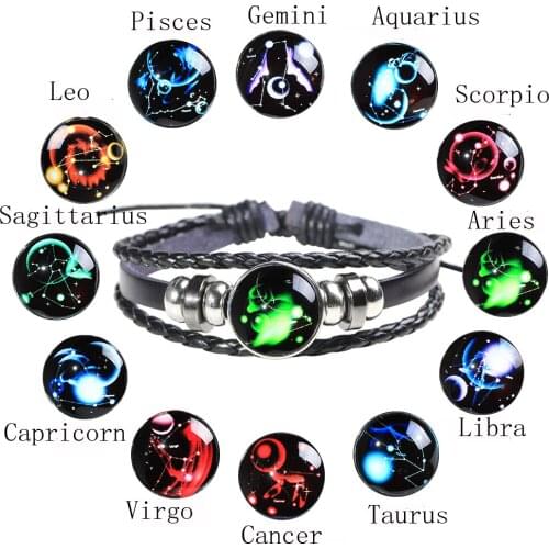 Trendy 12 Constellation Multilayer Women Leather Bracelets Fashion Glass Bracelets Bangles Adjustable Cuff Chain Bangles Jewelry