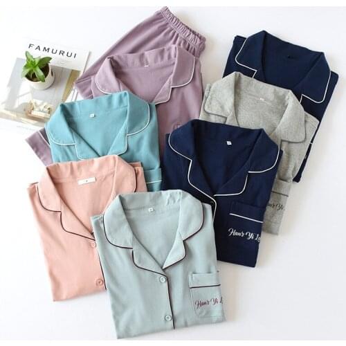 New Cotton Autumn and Winter Womens Pajamas Long-sleeved Trousers Lapel Couple Pijama Mujer Solid Loungewear Sleepwear Two Piece