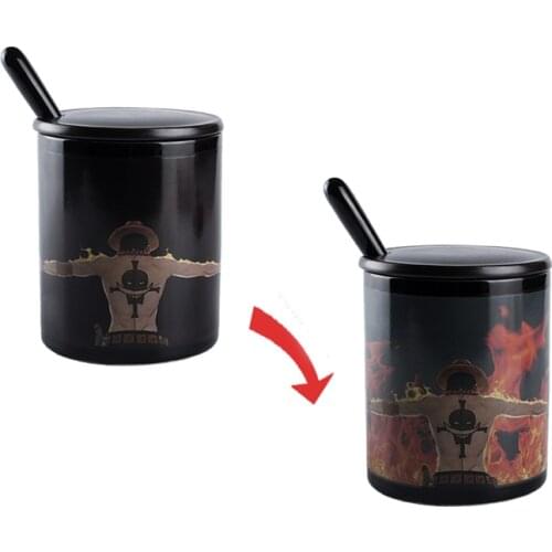 ONE PIECE Portgas·D· Ace Mug & Cover & Spoon Anime Coffee Milk Cup Ceramics Color Changing Magic Heat Reveal Cups Cartoon Gifts