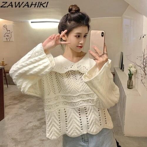 ZAWAHIKI Autumn Short Pullover Peter Pan Collar Hollow Out All-match Solid Women Knit Sweaters New Chic Long Sleeve Sweater Tops