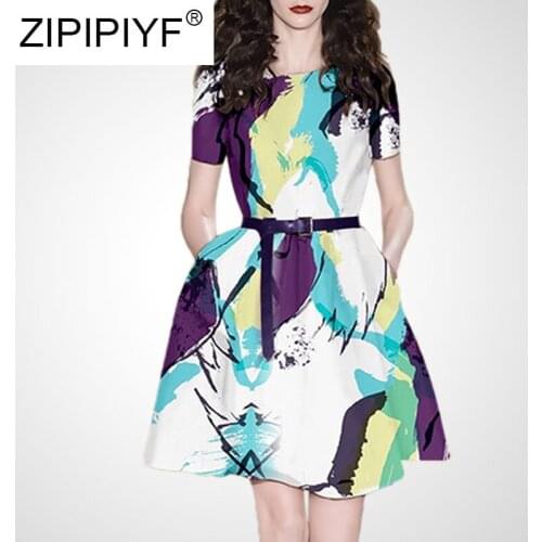 ZIPIPIYF Printed Dress Female 2020 New Summer Fashion Women Knee-length Waist Slimming A-Line Dress C247