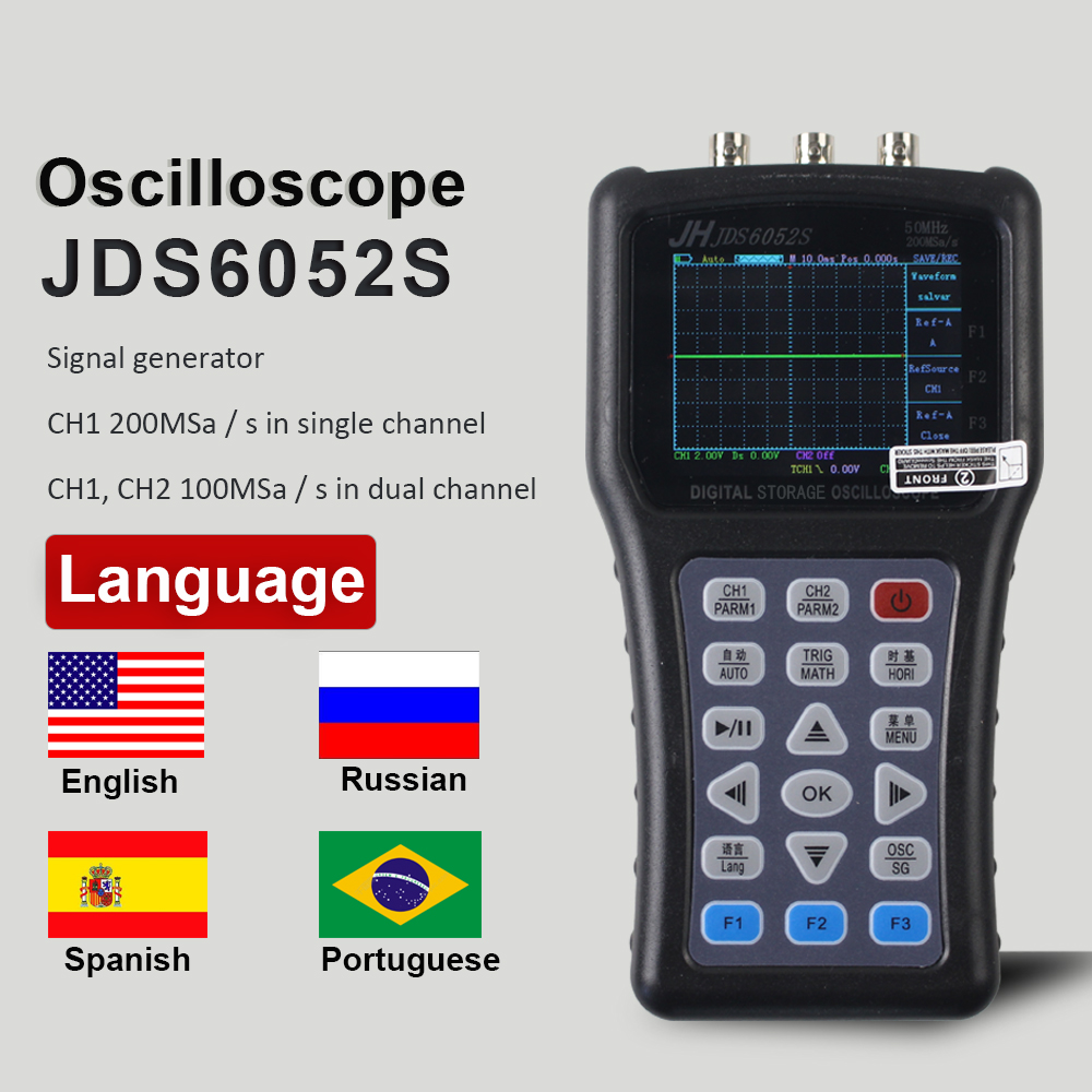 Portable Handheld Digital Oscilloscope JDS6031 JDS6052S Signal Generator 2CH 50M 200MSa/S RUSSIA Portuguese Spain Language