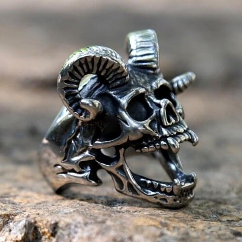 Retro Devil Goat Skull Gothic Ring for Men Stainless Steel Punk Biker Azazel Satanic Goat Skull Ring Fashion Women Pagan Jewelry