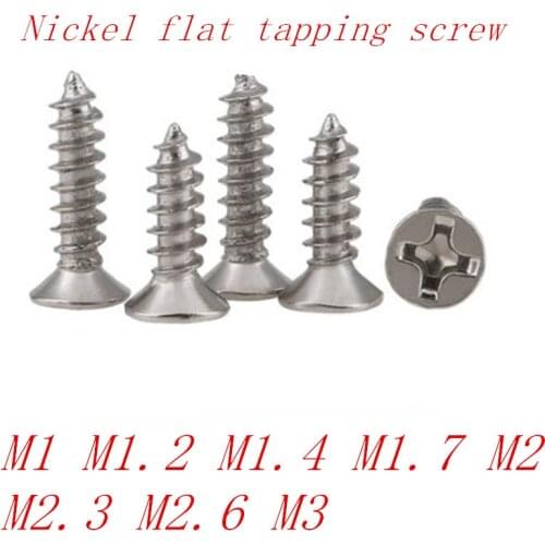 1000pcs nickel flat head tapping screw m1 m1.2 m1.4 m1.7 m2 m2.3 m2.6 m3 nickel countersunk tapping screw