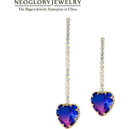 Neoglory Trendy Colourful Heart Asymmetrical Pendant Earrings for Women Cubic Zircon 2020Fashion Jewelry For Wedding Party Gift