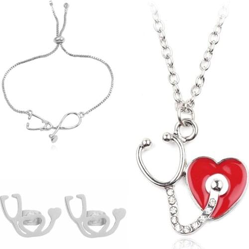 ASHMITA Stethoscope Lariat Necklace Rose Gold Silver Plated Medicine Heart Stethoscope Pendant for Women Doctor Nurse