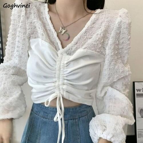 Women Blouses V-neck Long Puff Sleeve Sexy Student Pleated Lace-up Crop Top Fashionable Office Ladies Sweet Elegant Girls Blouse
